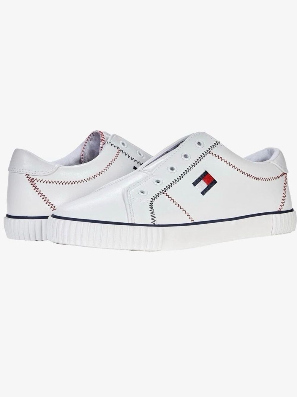 NWT Tommy Hilfiger Ewon Slip-On 8.5 White Red Blue Laceless Pu Leather Sneakers